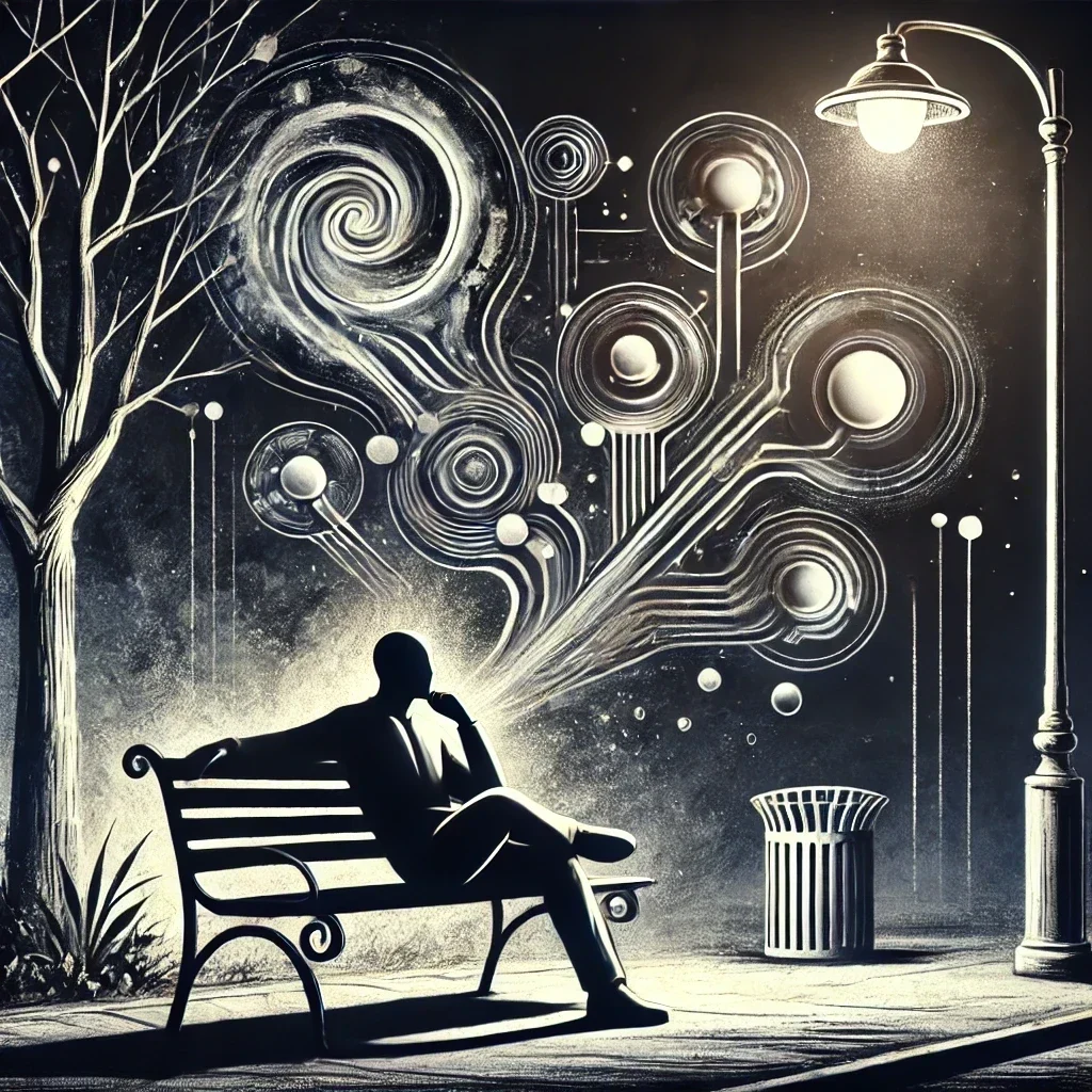 DALL·E 2024-07-30 22.46.31 - A conceptual black and white illustration capturing the essence of remembering and manifesting ideas consciously. The image shows a person sitting on