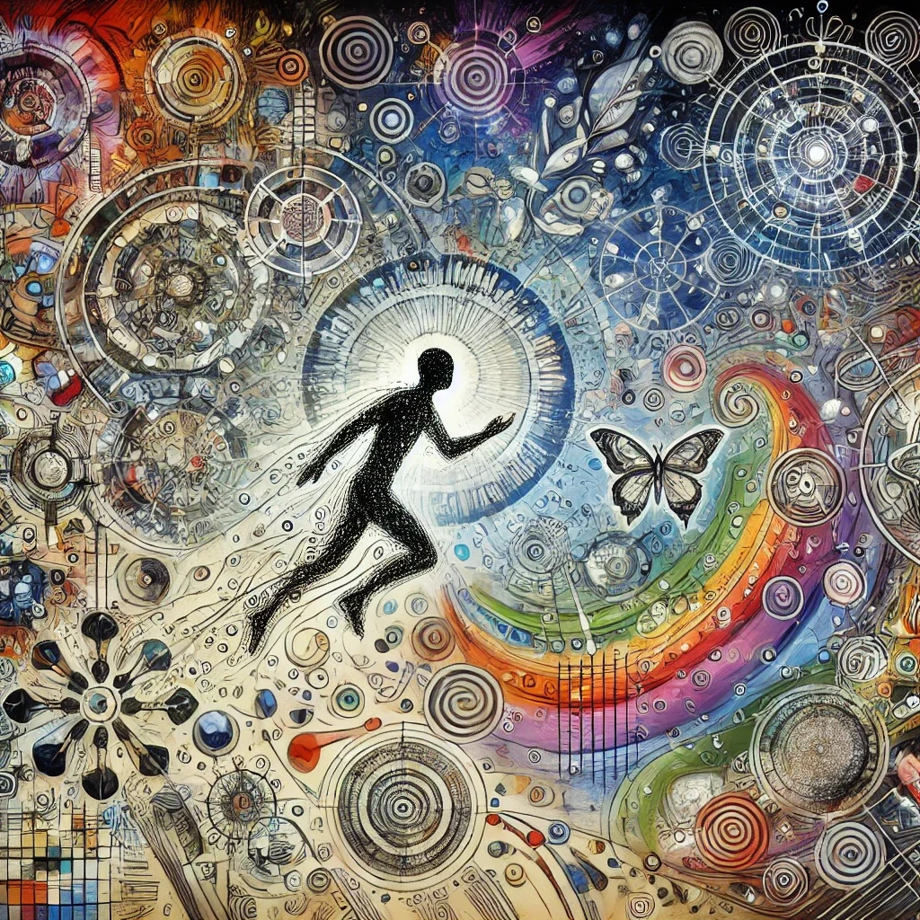 DALL·E 2024-08-10 16.04.06 - A detailed abstract illustration of a human being navigating and connecting the chaos around them into meaningful, colorful experiences. The central f