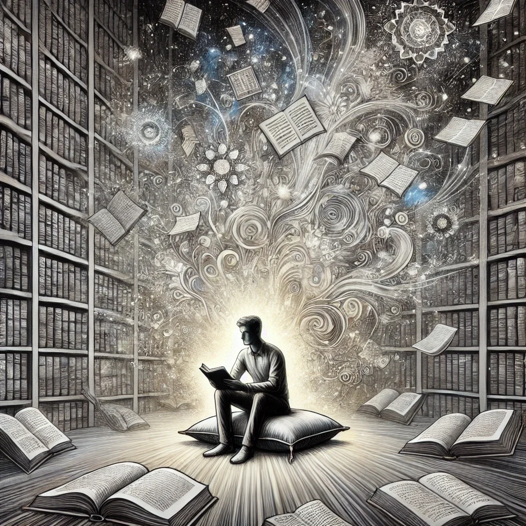 DALL·E 2024-12-16 19.32.31 - A surreal and abstract manga-style illustration featuring a man in the central position, sitting calmly on a pillow, reading a book with an expression