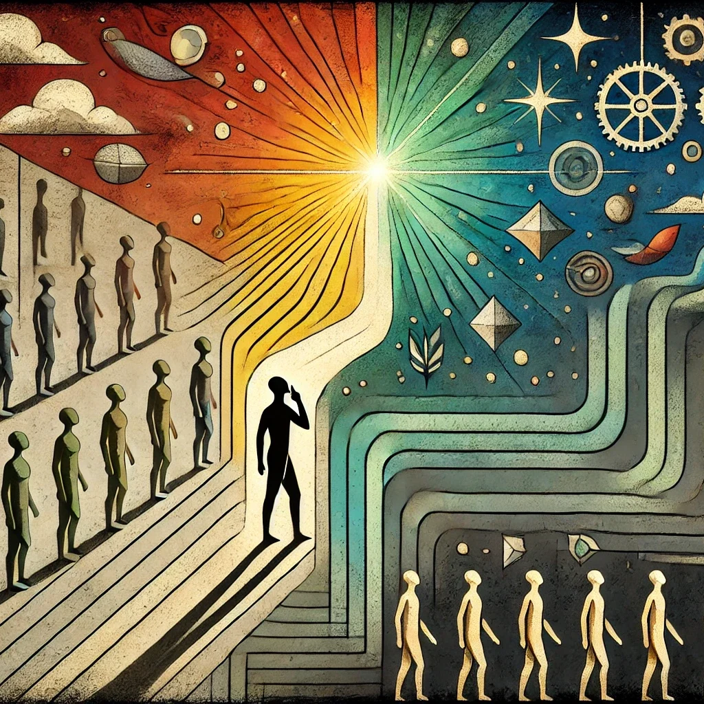DALL·E 2025-05-24 09.59.51 - A conceptual figurative artwork representing the philosophical essence of humanity's unconscious behavior and the potential for conscious evolution. T